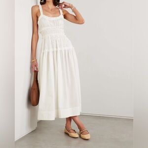 new Doen Marianne cotton poplin shirred midi sundress in salt white